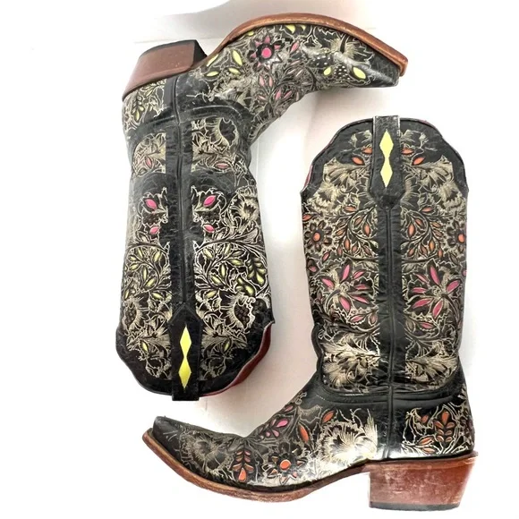Johnny Ringo Cowboy Boots Genuine Leather Floral Overlay Black Pink Lime Yellow - Picture 12 of 12